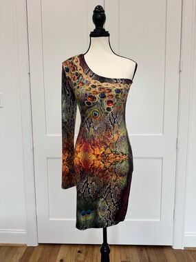 ✨ Roberto Cavalli One Shoulder Mini Dress Jewel Neck Bodycon M ✨